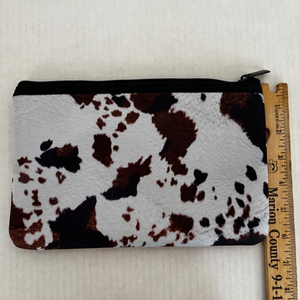 Makeup Bag Women Small Brown White Cow Print Faux Cowhide Western Pouch - Picture 5 of 8